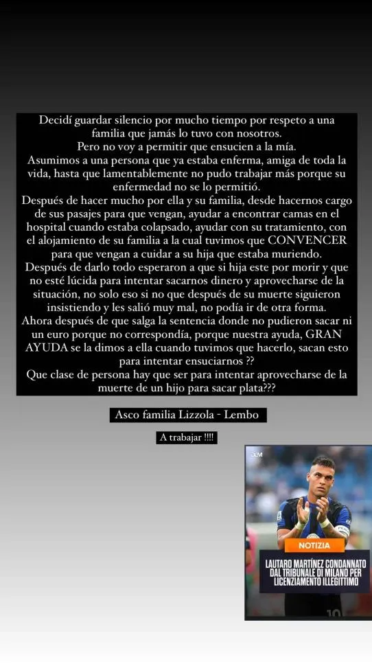 El descargo de Lautaro en Instagram.