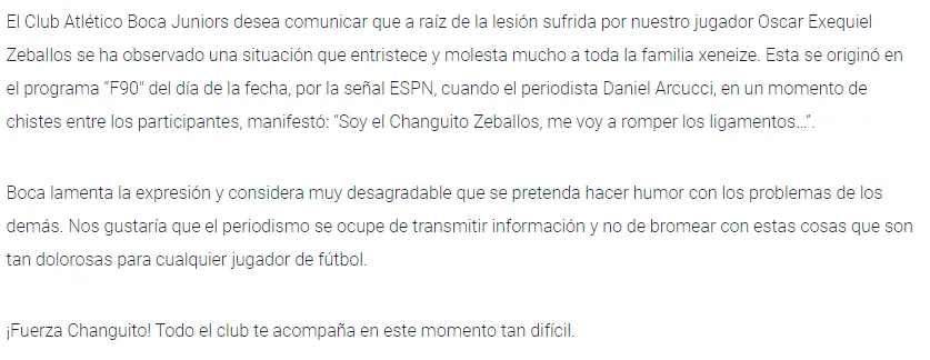 El comunicado oficial de Boca.