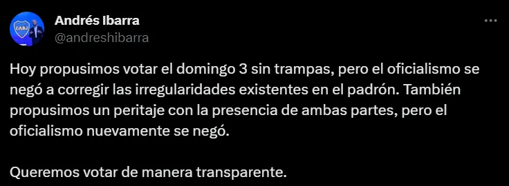 El tuit de Andrés Ibarra. (Foto: Twitter)