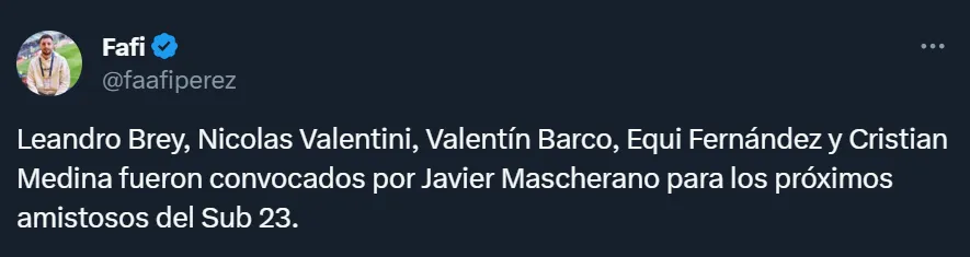 Leandro Brey, Nicolás Valentini, Valentín Barco, Equi Fernández y Cristian Medina serán convocados a la Selección Argentina Sub-23.