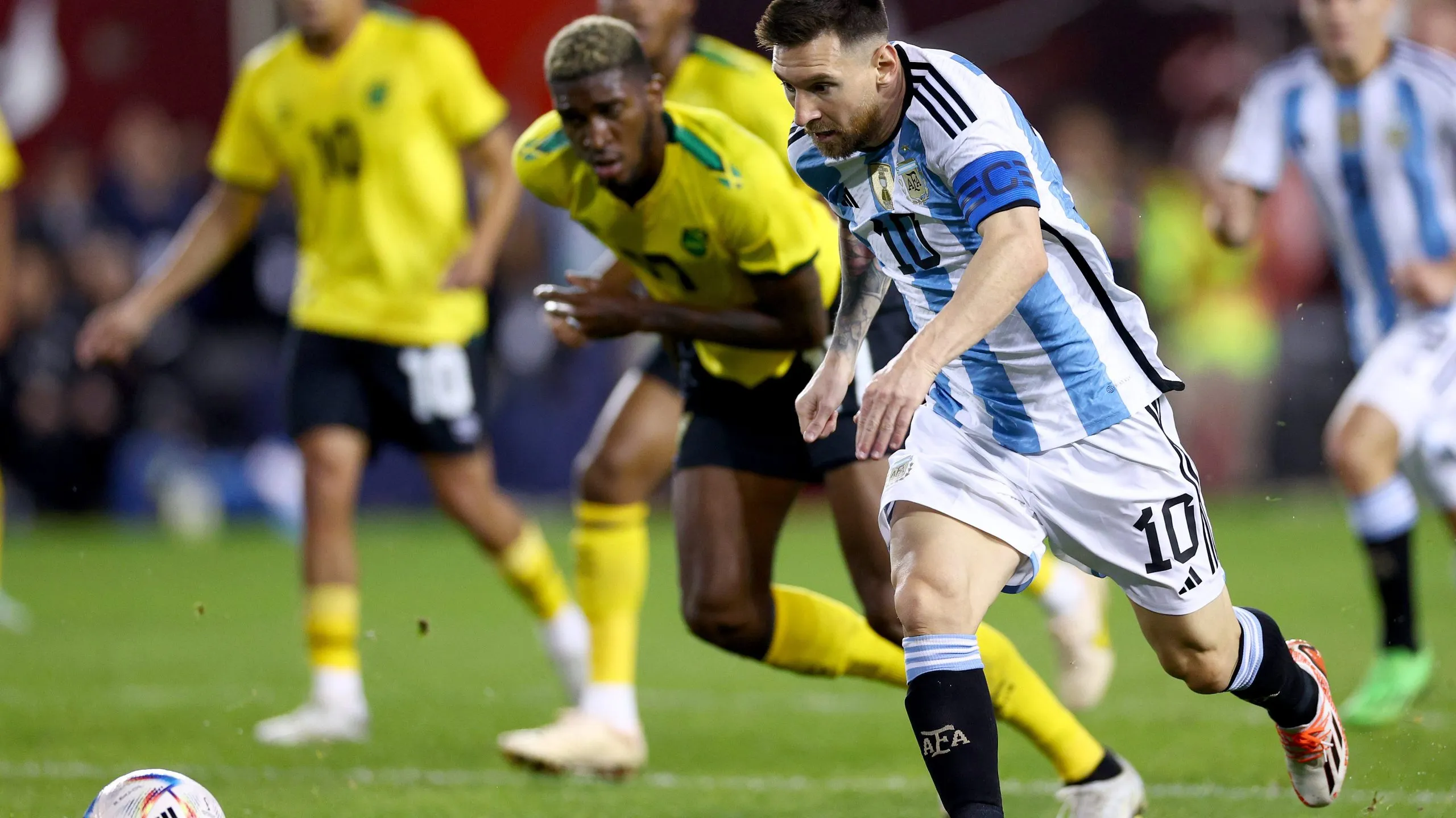 Lionel Messi el 27 de septiembre del 2022 en Nueva Jersey contra Jamaica. Getty Images.
