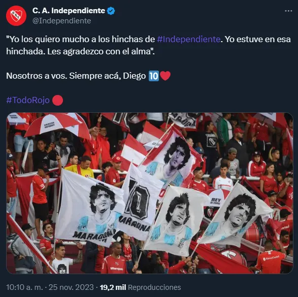 El homenaje de Independiente a Maradona (Twitter @Independiente).