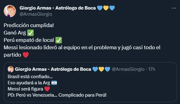 Giorgio Armas y su predicción acertada respecto al triunfo de Argentina.