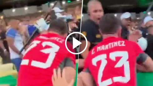 Dibu Martínez quiso subir a la tribuna y encararse con los policías brasileños.