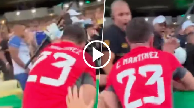 Dibu Martínez quiso subir a la tribuna y encararse con los policías brasileños.
