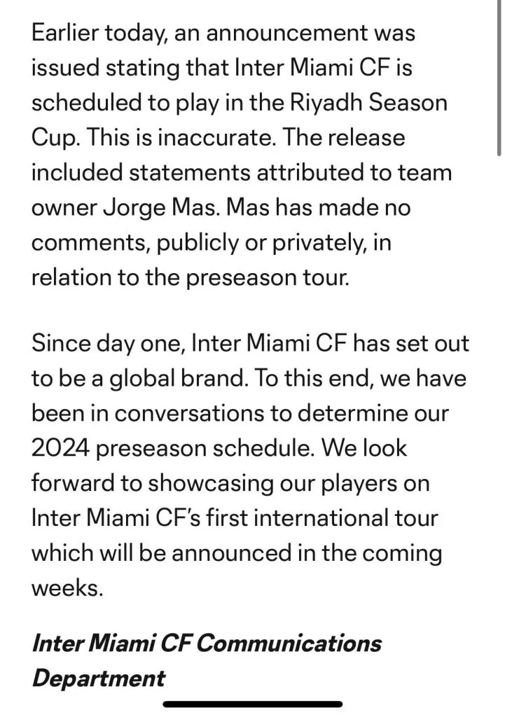 Inter Miami desmintió que fuese a jugar en Arabia Saudita.