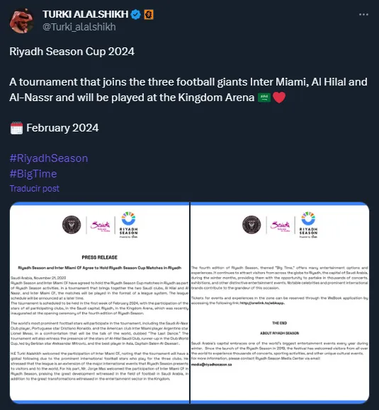 Messi e Inter Miami enfrentarán a Al Nassr y Al Hilal en febrero de 2024.