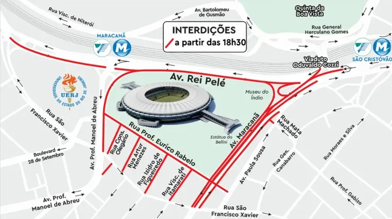 Así estarán cerradas las calles aledañas al Maracaná en la previa y durante el partido de Brasil con Argentina.