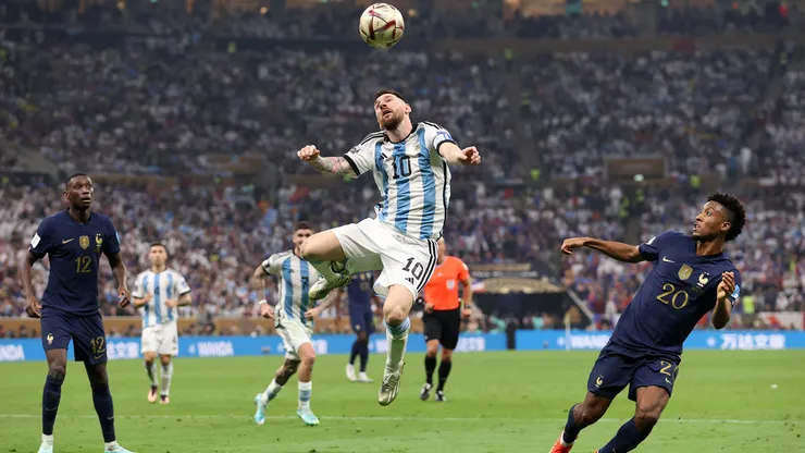 controls the ball on his head during the FIFA World Cup Qatar 2022 Final match between Argentina and France at Lusail Stadium on December 18, 2022 in Lusail City, Qatar. (Photo by Julian Finney/Getty Images)