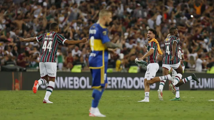 RIO DE JANEIRO, BRAZIL - NOVEMBER 04: Martinelli (C) of Fluminense celebrates after winning the final match of Copa CONMEBOL Libertadores 2023 between Fluminense and Boca Juniors at Maracana Stadium on November 04, 2023 in Rio de Janeiro, Brazil. (Photo by Ricardo Moreira/Getty Images)