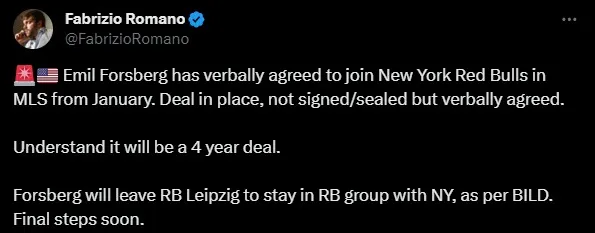 Forsberg jugará en la MLS, confirmó Fabrizio Romano.