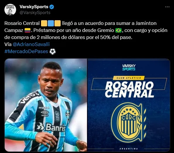 Campaz llegó a Central en enero, y el canalla tiene la posibilidad de comprar el 50% de su pase.