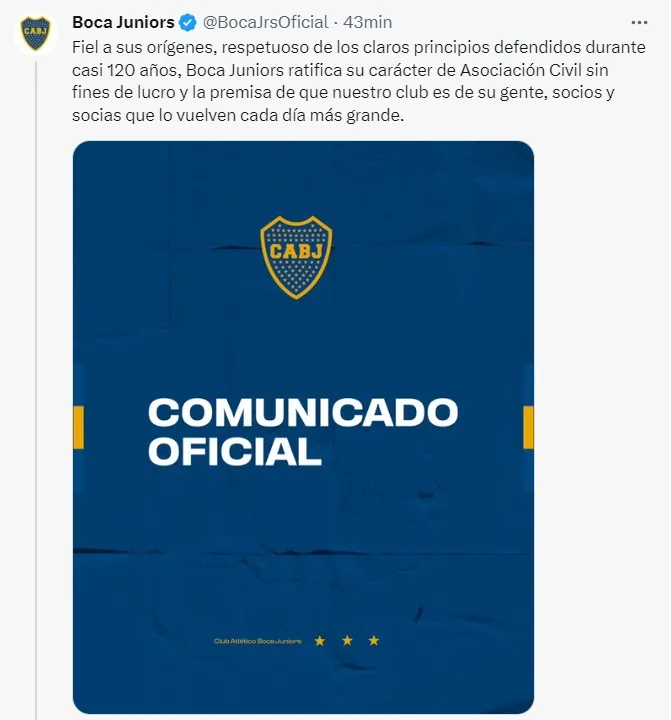 Boca, también en contra de las SAD en el fútbol (Captura Twitter)