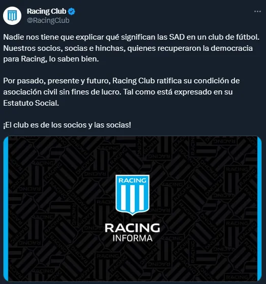 Racing también se manifiesta en contra de las SAD.
