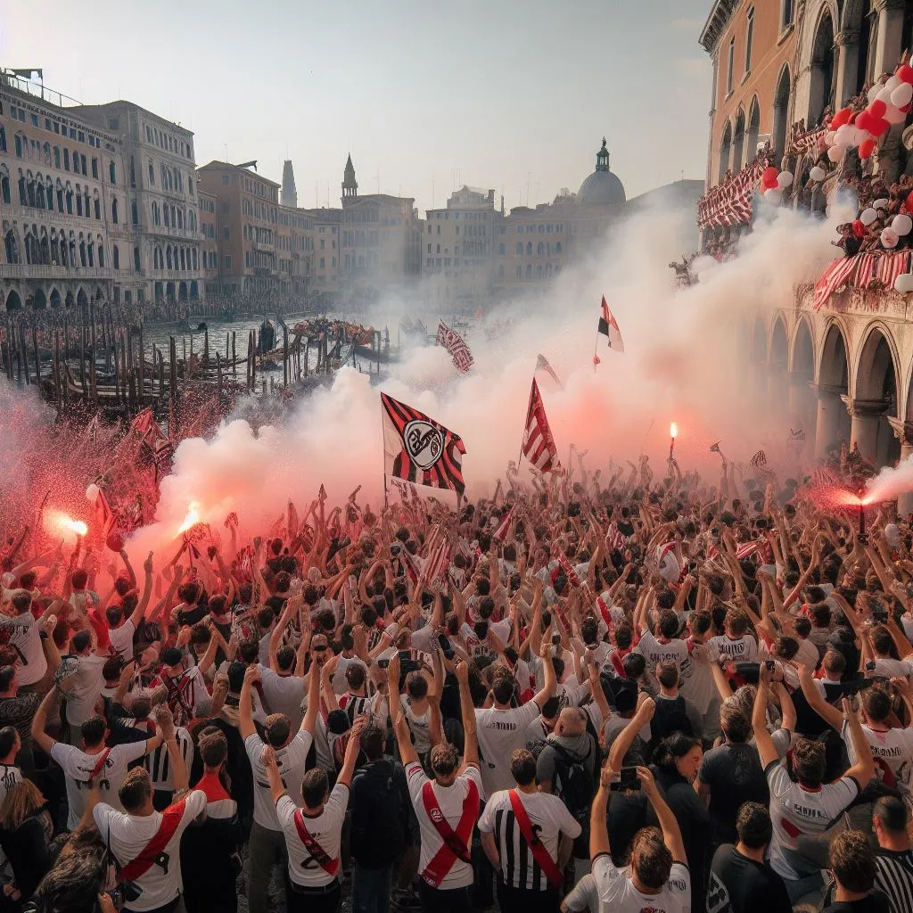 Los fanáticos de River en la ciudad de los canales (Foto: Bing Image Generator, Dall-E-3)