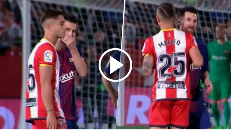 Pablo Maffeo tuvo un cruce en 2017 con Lionel Messi en un Girona vs. Barcelona por LaLiga. Captura Gol TV.