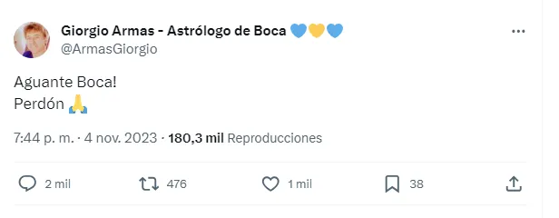 Tuit del astrólogo Giorgio Armas.