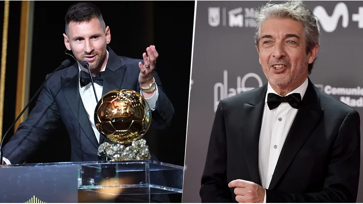 En la primera mitad de la foto, Lionel Messi junto al Balón de oro, en la otra mitad, el actor Ricardo Darín.