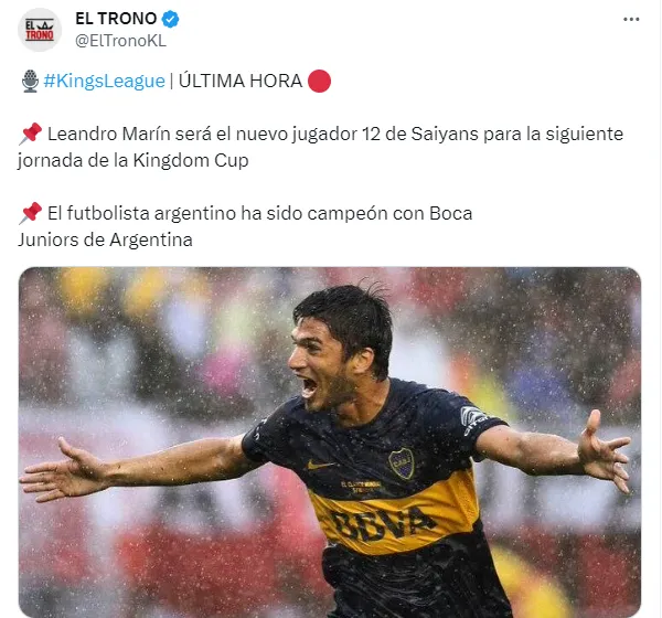 Tuit de El Trono dando la noticia sobre la llegada de Marín a la Kings League.