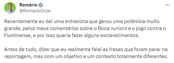 Así comenzó el hilo de Twitter de Romario para ”aclarar” su exabrupto contra Boca.