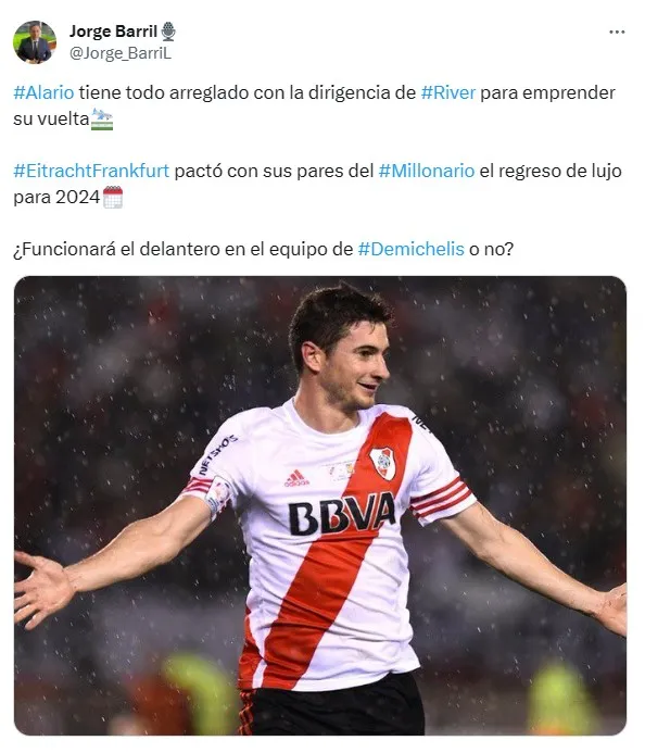 El tuit con el que Jorge Barril anunció el regreso de Lucas Alario a River.