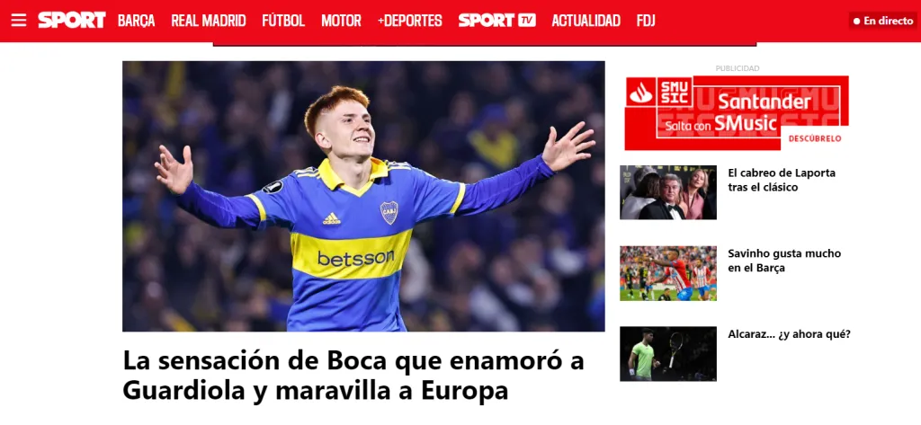 Valentín Barco, en la portada del periódico Sport este miércoles primero de noviembre.