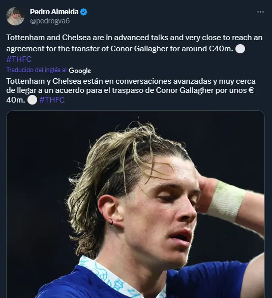 Conor Gallagher, cerca de irse al Tottenham (Twitter @pedrogva6).