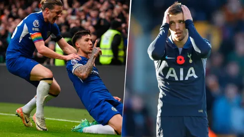 Gallagher, junto a Enzo Fernández y Gio Lo Celso se lamenta.