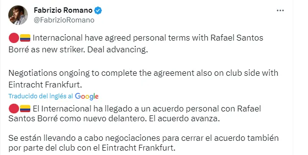 Tuit de Fabrizio Romano.