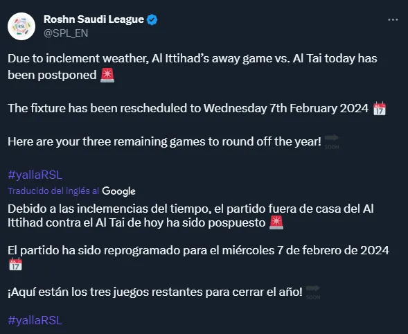 La Liga Profesional Saudí confirmó la suspensión y reprogramación de Al Tai vs. Al Ittihad (Twitter @SPL_EN).