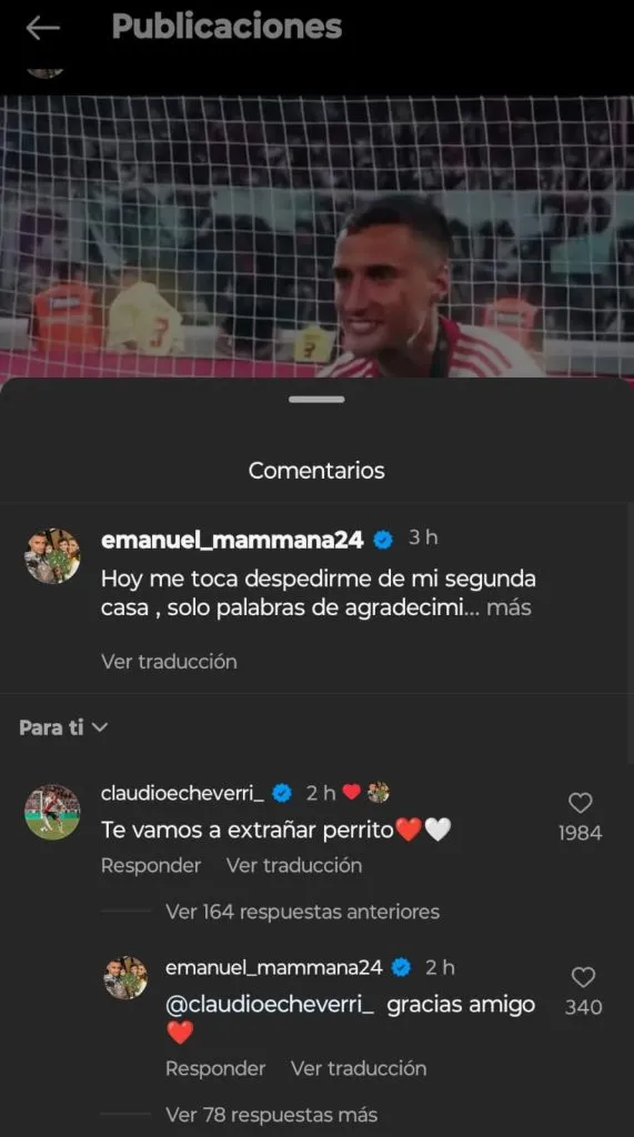 Echeverri respondió en la publicación de Mammana.