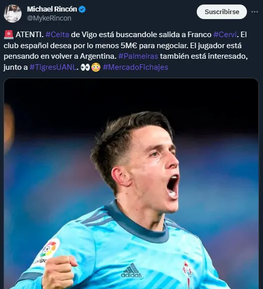 Cervi y la posibilidad de salir de Celta (Twitter @MykeRincon).