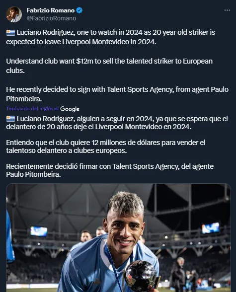 Luciano Rodríguez se irá a Europa en 2024 (Twitter @FabrizioRomano).