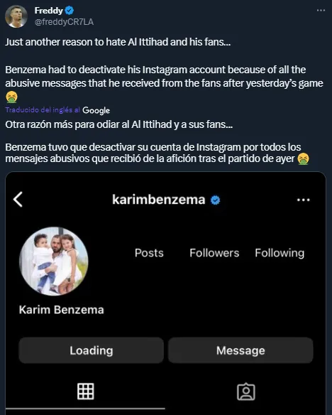 Karim Benzema cerró su cuenta de Instagram debido a las críticas de hinchas de Al Ittihad (Twitter)