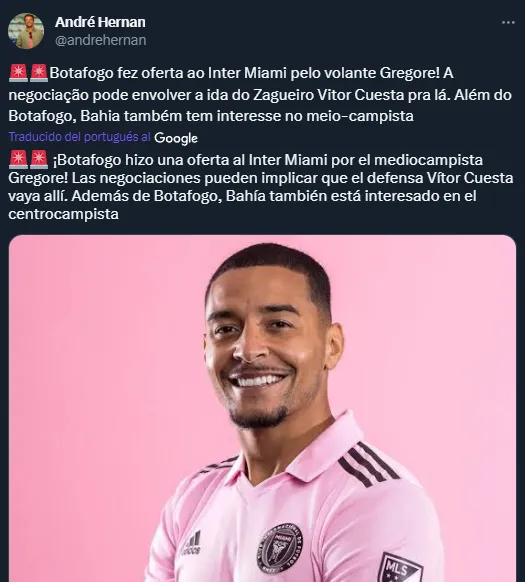 Grègore es pretendido por Botafogo y Cuesta podría ser incluido en la negociación (Twitter @andrehernan).