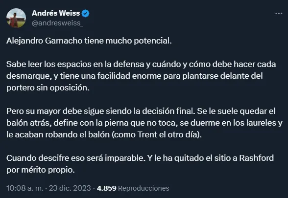 A Garnacho le cuestionaron su falta de definición (Twitter @andresweiss_).