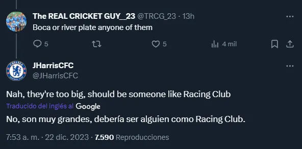 Hincha de Chelsea pide comprar a un club como Racing (Twitter @JHarrisCFC).