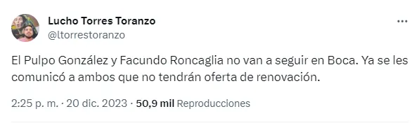 Tuit del periodista Luciano Torres Toranzo.
