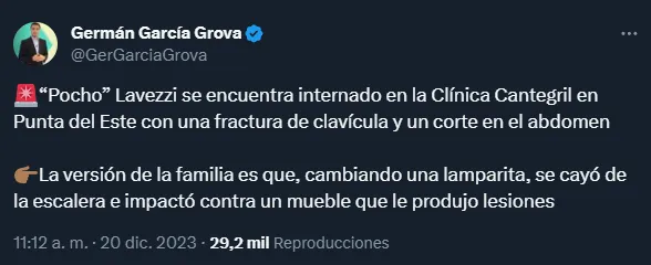 La versión familiar sobre lo que le sucedió a Lavezzi (Twitter @GerGarciaGrova).
