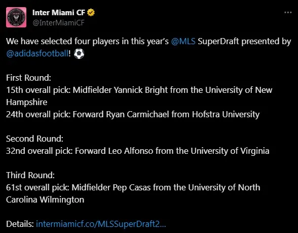 Los jugadores elegidos por Inter Miami en el Draft de la MLS. (Foto: X / @InterMiamiCF)