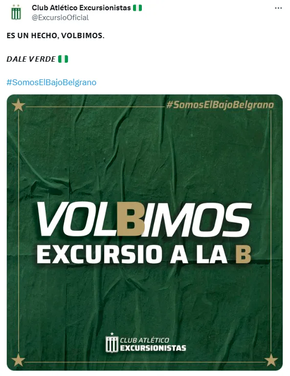 Excursionistas volvió a la B Metro este año y así lo festejó en redes sociales.