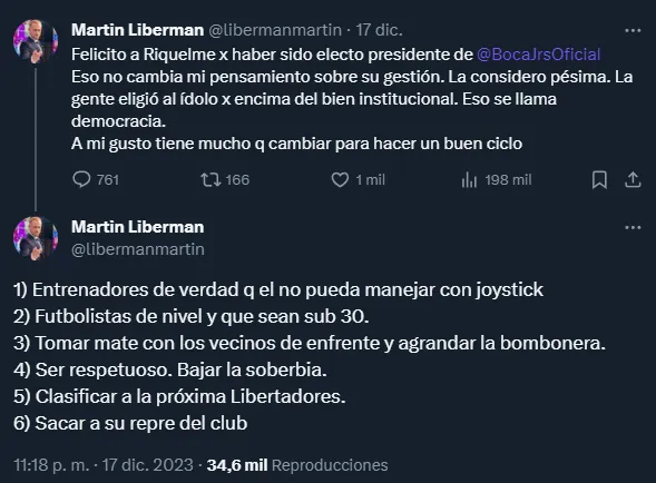 Liberman y los cuestionamientos a Riquelme (Twitter @libermanmartin).