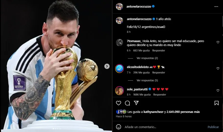 El post de Antonela por el primer aniversario del título de Argentina en Qatar 2022. (Foto: Instagram / @antonelaroccuzzo)