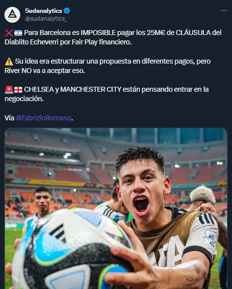 Barcelona recibe un fuerte rechazo de River por Echeverri (Twitter).