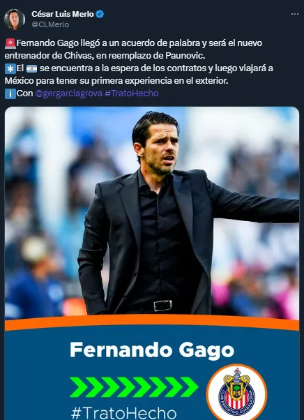 Fernando Gago irá a Chivas (Twitter @CLMerlo).