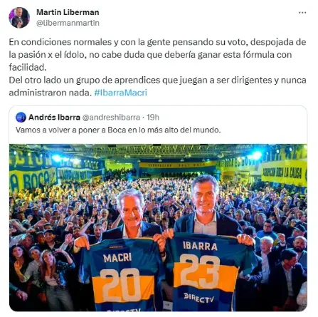 Liberman reveló que votaría a la fórmula Ibarra-Macri (Twitter @libermanmartin).