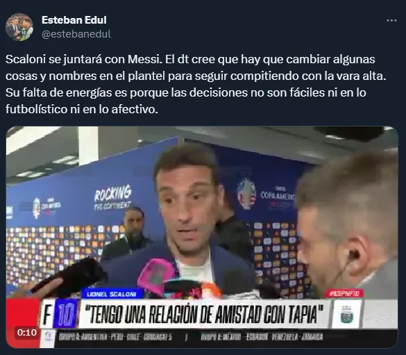 Así será la reunión entre Messi y Scaloni (Twitter @estebanedul).