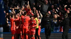 LONDON, ENGLAND - APRIL 15: Julio Enciso of Brighton & Hove Albion celebrates with teammates after scoring the team's second goal during the Premier League match between Chelsea FC and Brighton & Hove Albion at Stamford Bridge on April 15, 2023 in London, England. (Photo by Mike Hewitt/Getty Images)