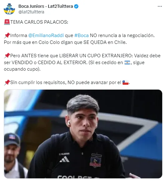 Raddi: Boca no se baja de la pelea por Palacios.