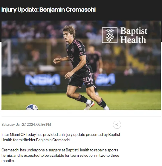 Comunicado con el estado de Cremaschi (Inter Miami oficial).